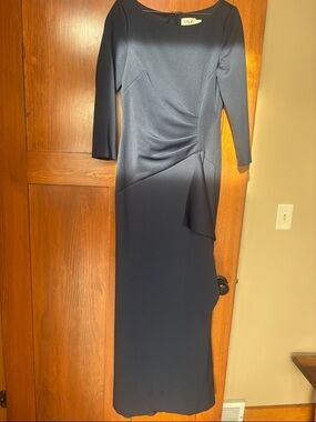 Eliza J Navy Long Sleeve Draped Sheath Gown